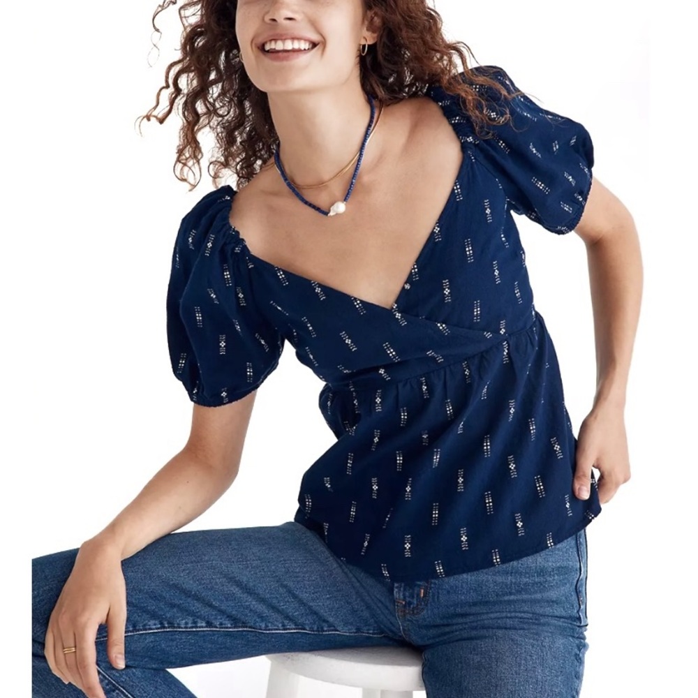 Madewell Jacquard Puff-Sleeve Navy Blue and White Polka Dot Empire Blouse Top